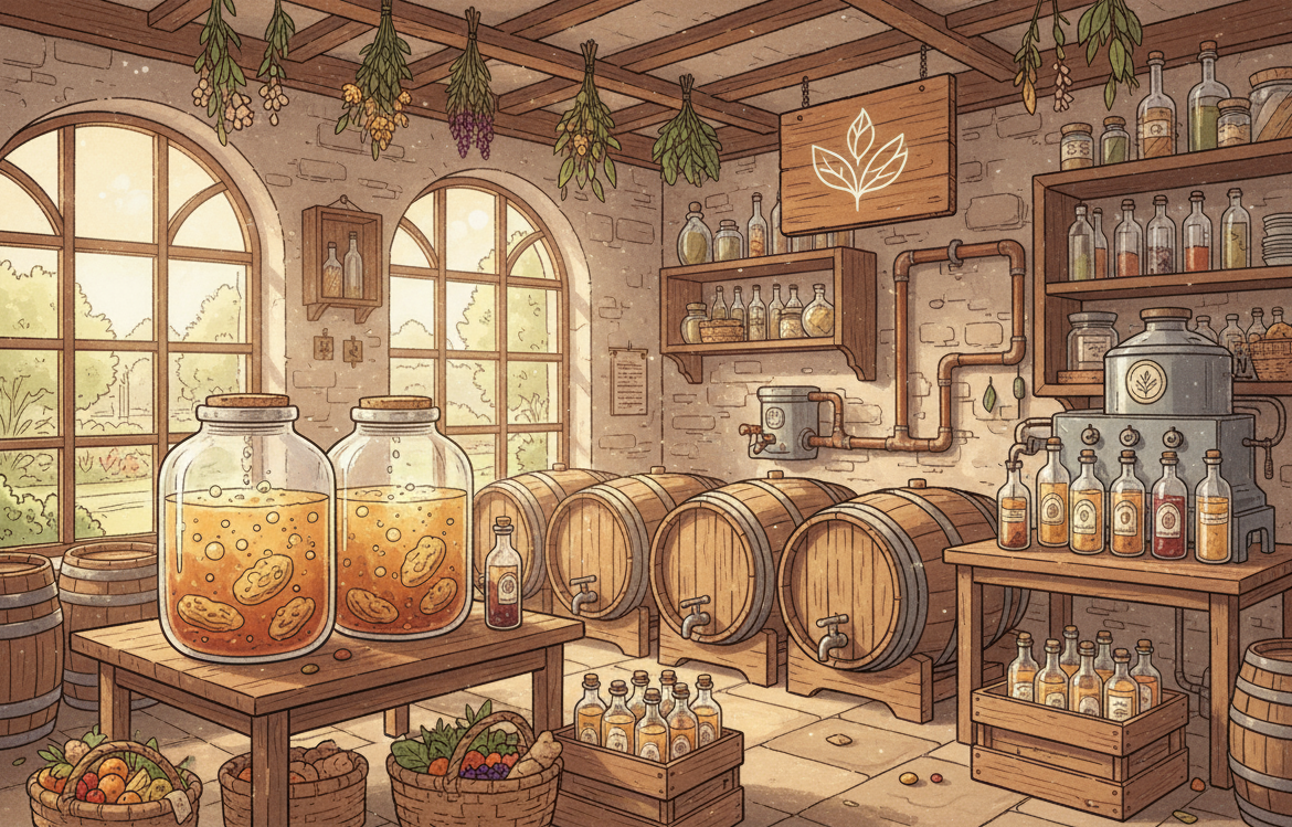 crea una imagen cuadrada que sea como un dibujo de una fabrica de kombucha artesanal (sin textos)